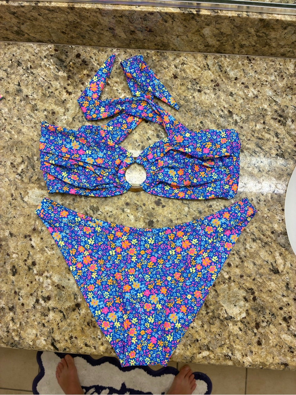Kulani Kinis Floral Ring-Front Bikini Top and Bottom - Blue